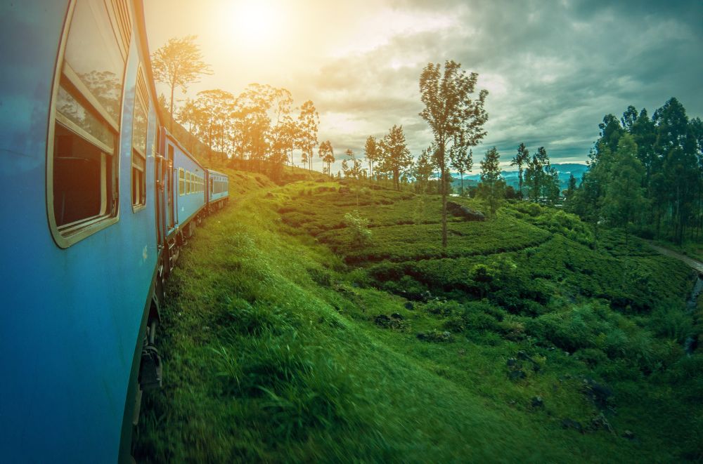 Train in Sri Lanka witha sunset.